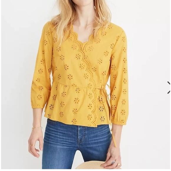 Madewell Scalloped Eyelet Wrap Top Marigold Yellow - Picture 1 of 9